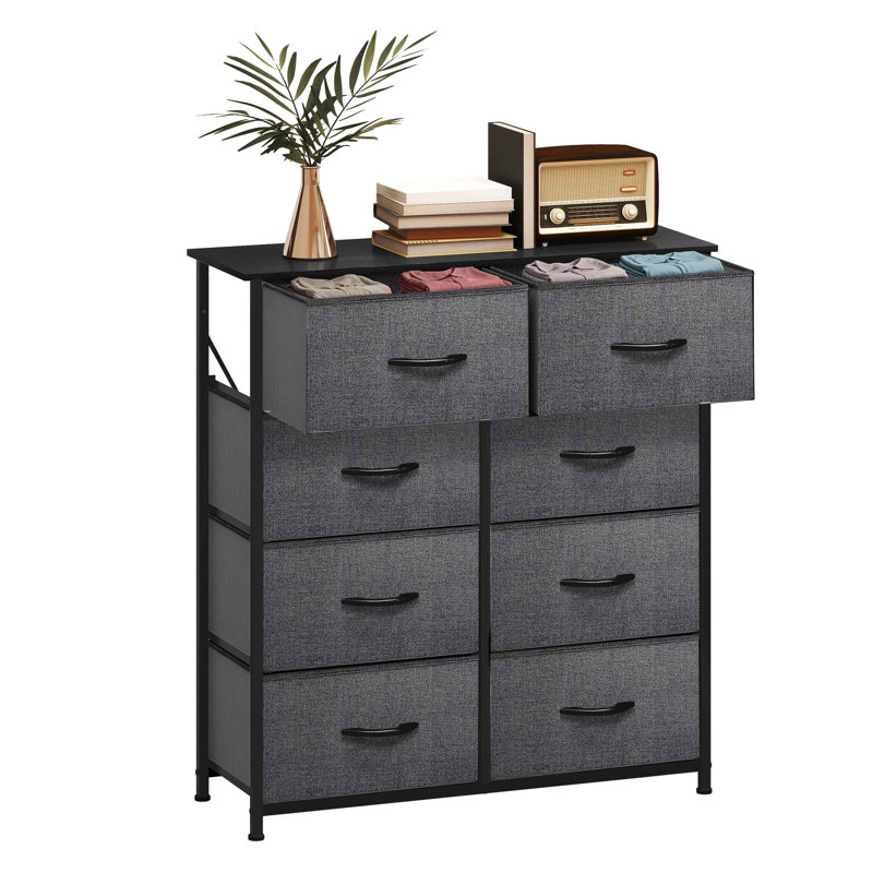 Commode double en tissu à 8 tiroirs l 31,5 po Tharani, Gris / Noir