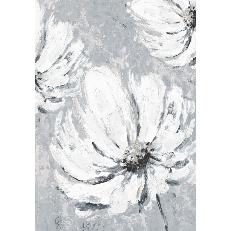Big White Flowers on Slate Grey - Painting Print, 30cm H x 20cm W, Black Floater Framed
