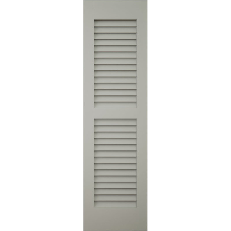 Volets extérieurs Americraft à deux persiennes égales en bois véritable (par paire), 45,7 cm (L) x 205,7 cm (H), avec capuchons de volets en aluminium, gris grêle