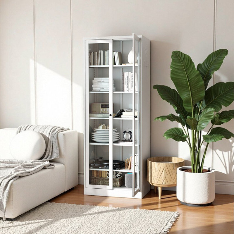 Armoire de rangement 72 po en acier avec 5 tablettes réglables et porte en verre