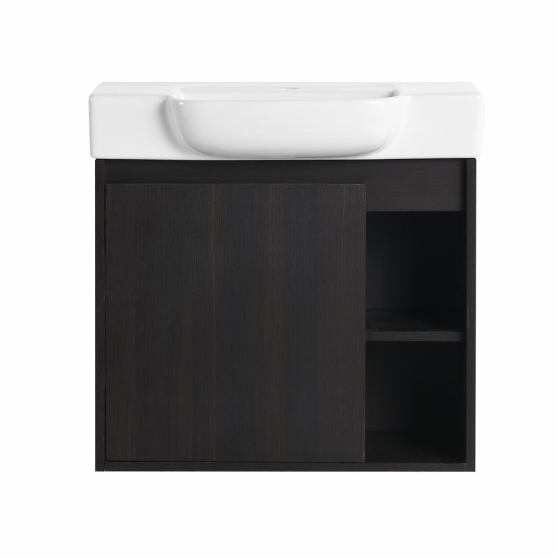 Meuble-lavabo mural avec lavabo en céramique et tablettes ouvertes, Chêne foncé, 23.6