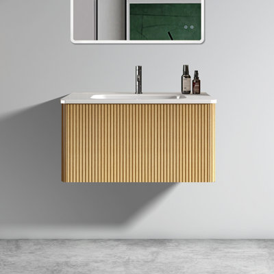 Meuble-lavabo de 30 po - Conception à rayures en chêne naturel à la mode avec lavabo en céramique blanche, lignes courbes, courbes et courbes, ouverture et fermeture sans effort, look chic et coins faciles à ouvrir
