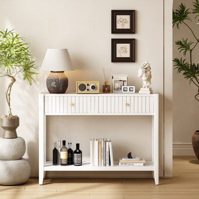 Console avec 2 tiroirs et tablette de rangement ouverte