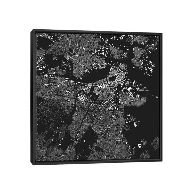 « boston », impression verticale sur toile tendue en noir, H 18 po x l 18 po x P 1,5 po, Toile avec cadre noir, Pas de tapis
