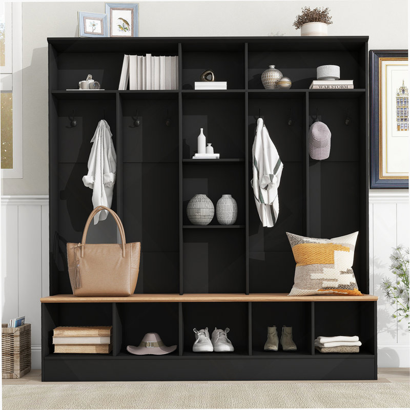 Arbre d'entrée large avec banc de rangement, armoire à chaussures minimaliste avec rangement cubique et tablettes, portemanteau multifonctionnel avec 8 crochets pour les entrées, vestibule, noir (ANCIEN SKU: N721S000021B)