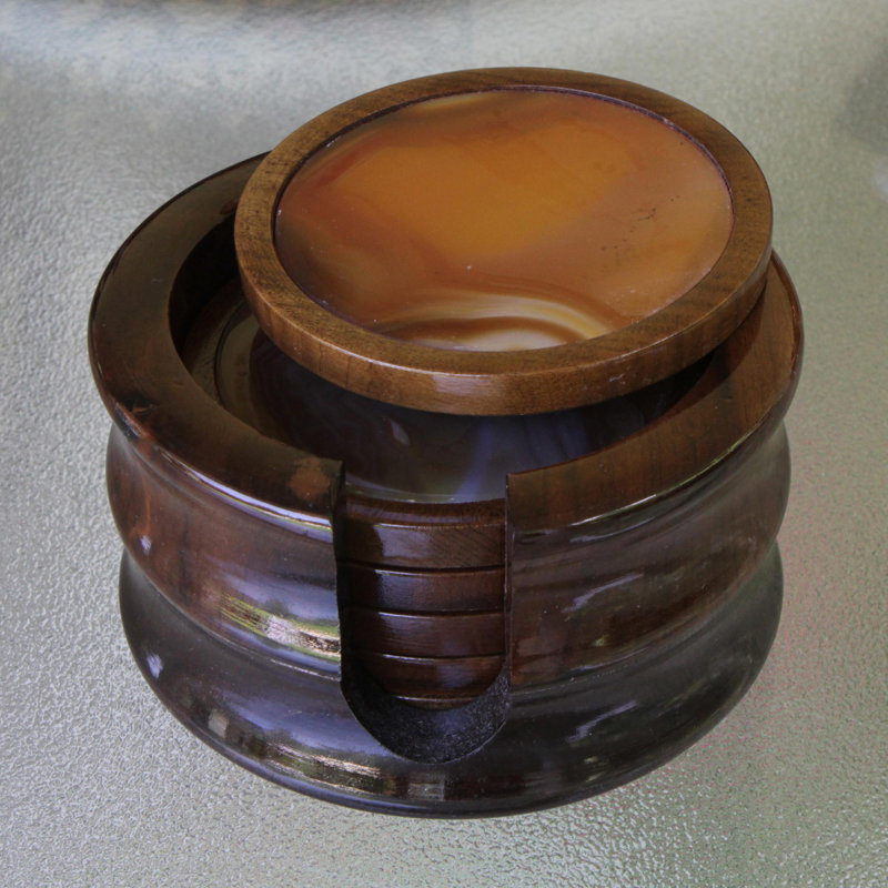 Wood Round Coaster Set With Holder