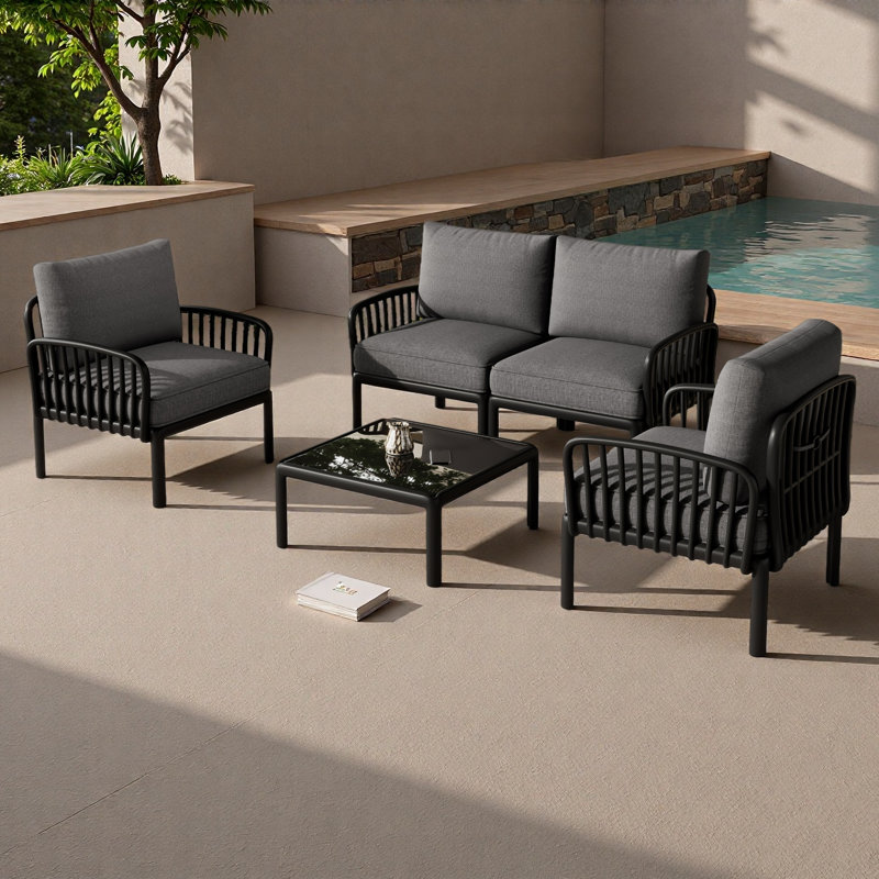 Ensemble de conversation pour patio 5 pièces, ensemble de mobilier modulaire d'extérieur moderne avec table basse carrée, siège profond à coussin épais imperméable pour porche