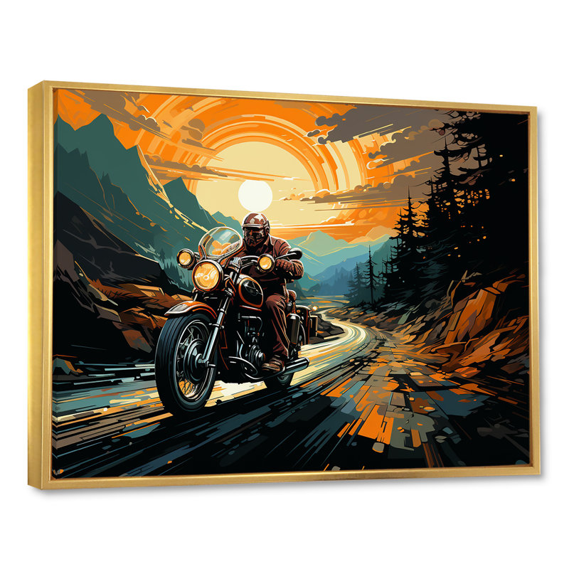 Expressionniste à moto, art mural sur toile, H 24 po x l 32 po x P 1 po, Cadre flottant doré