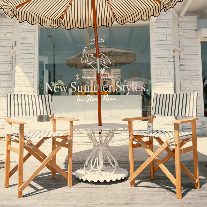 Directors Chair Table, Black/White Striped/Natural Wood