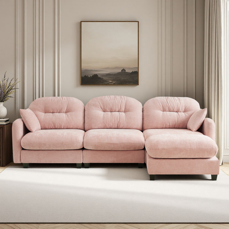 Sectional L Shaped Couch With Ottoman, Chenille Sofa, Pink Chenille