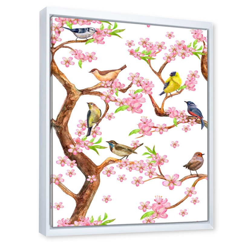 «Colorful Little Birds on Spring Flow», impression sur toile, H 20 po x l 12 po x P 1po, Cadre blanc