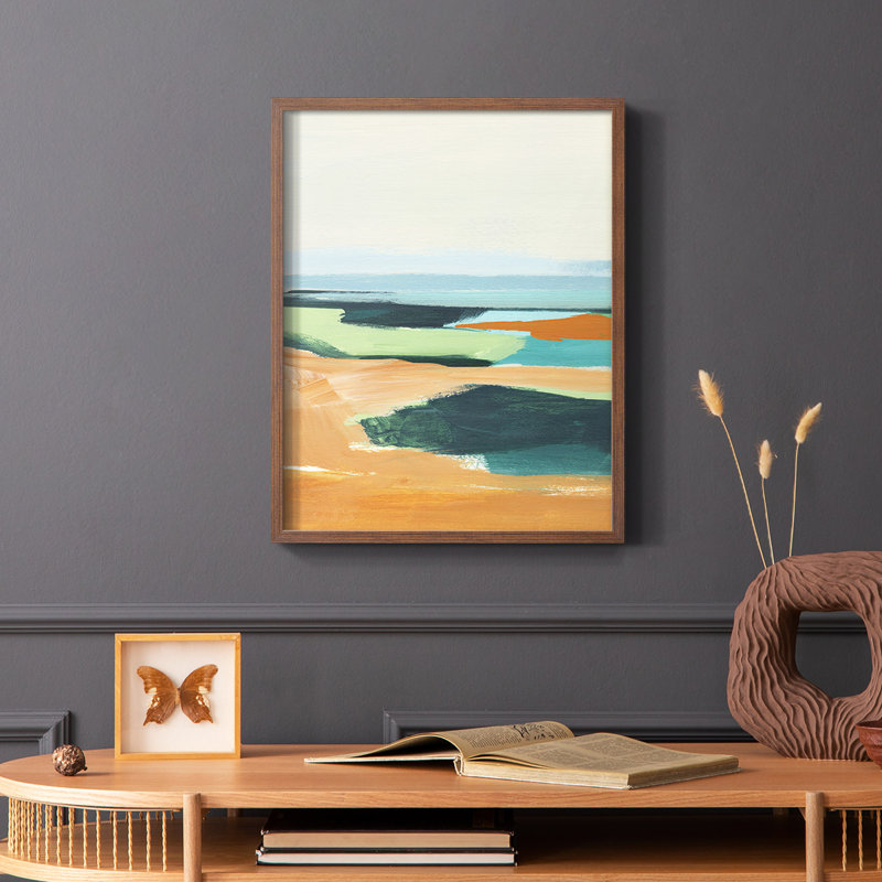Reproduction encadrée turquoise et orange II - bois massif, Brun, H 14 po x l 11 po