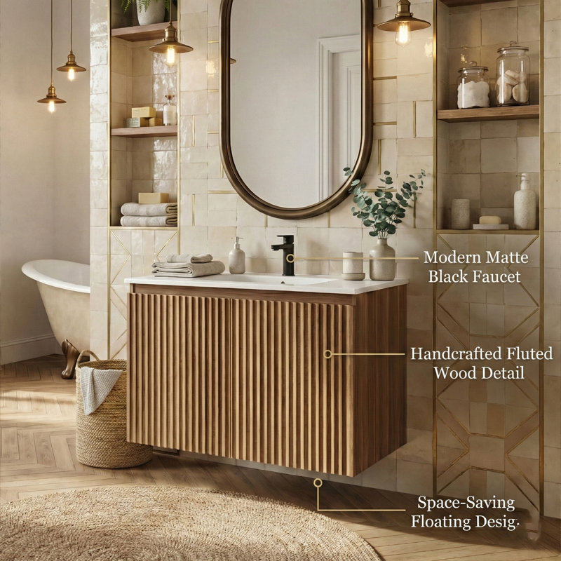 30" Patented Folding Wall-Mounted Vanity With Ceramic Sink, 1-Minute Tool-Free Assembly & 3D Textured Cabinet (Golden Oak)