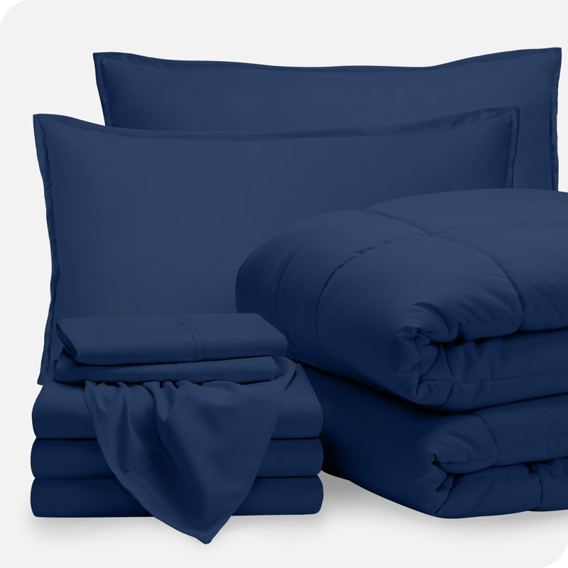 Microfiber Bed-In-A-Bag, Dark Blue/Dark Blue, Split King Comforter + 7 Additional Pieces