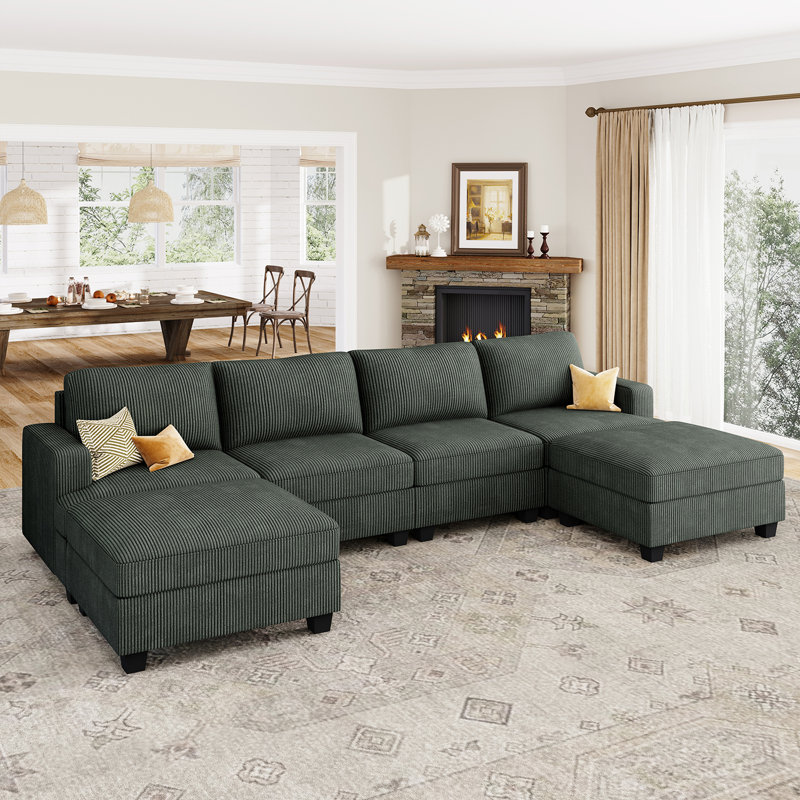 Canapé modulaire en U avec rangement Anureet, H 35 po x l 120,6 po x P 60,7 po, Velours côtelé vert, Non