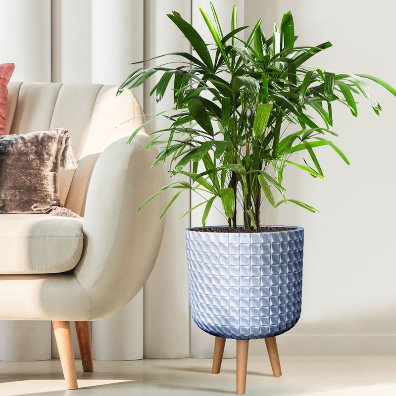 Geometric Patterned Cylinder Planter with Feet, Grey, 44cm H x 31cm W x 31cm D