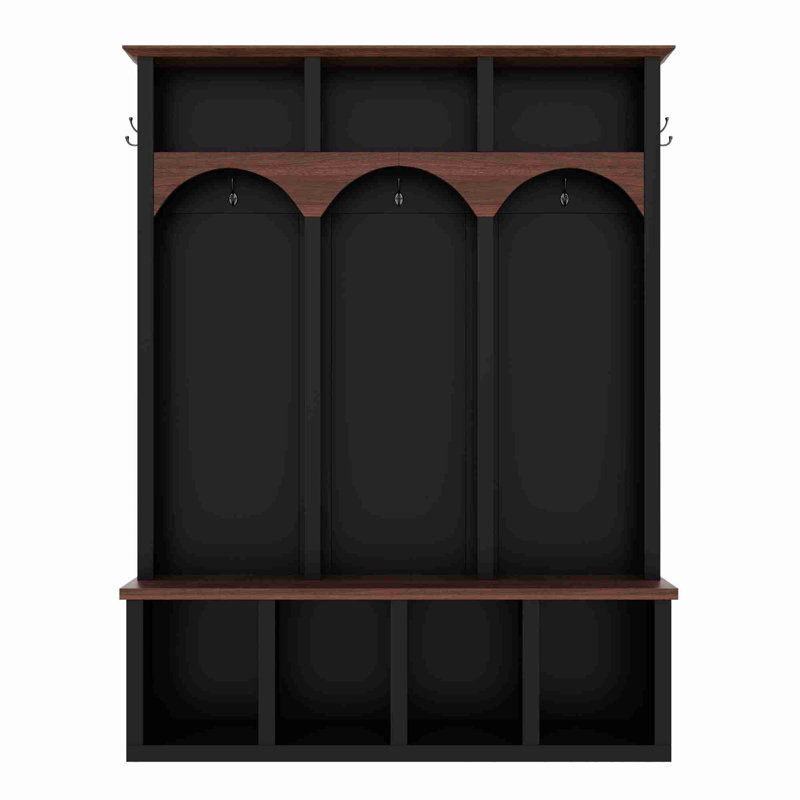 Wooden Hall Tree, Entryway Storage Bench with 5 Hooks and 7 Cubbies for Mudroom, Living Room, Black/Brown