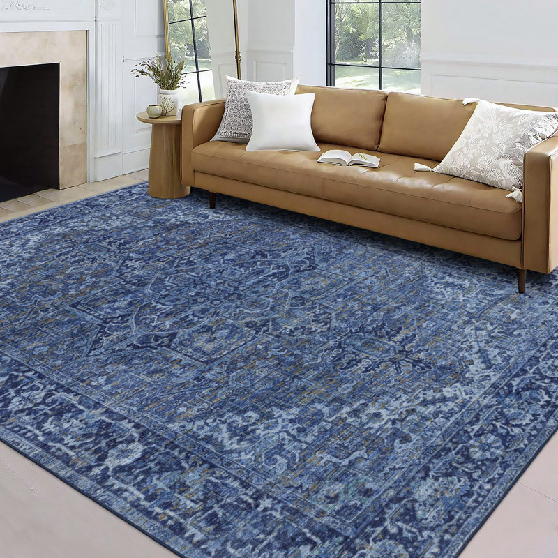 Tapis bleu Samiur Lyle, Rectangle 7 pi 6 po x 9 pi 6 po, Bleu