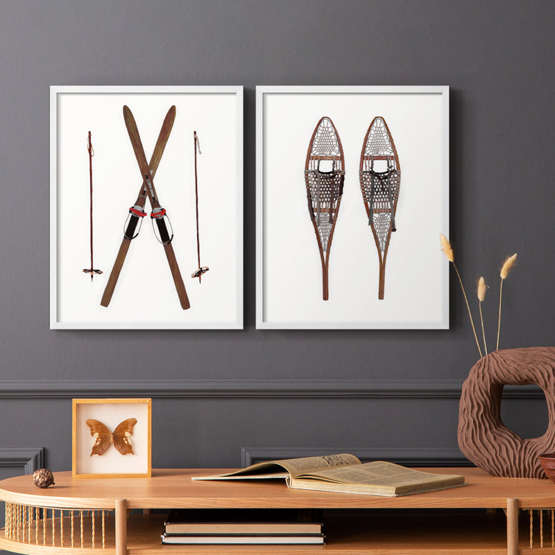 Skis rétro - reproduction encadrée de qualité supérieure - prêt à être accroché - aucun clou requis - aucun clou requis