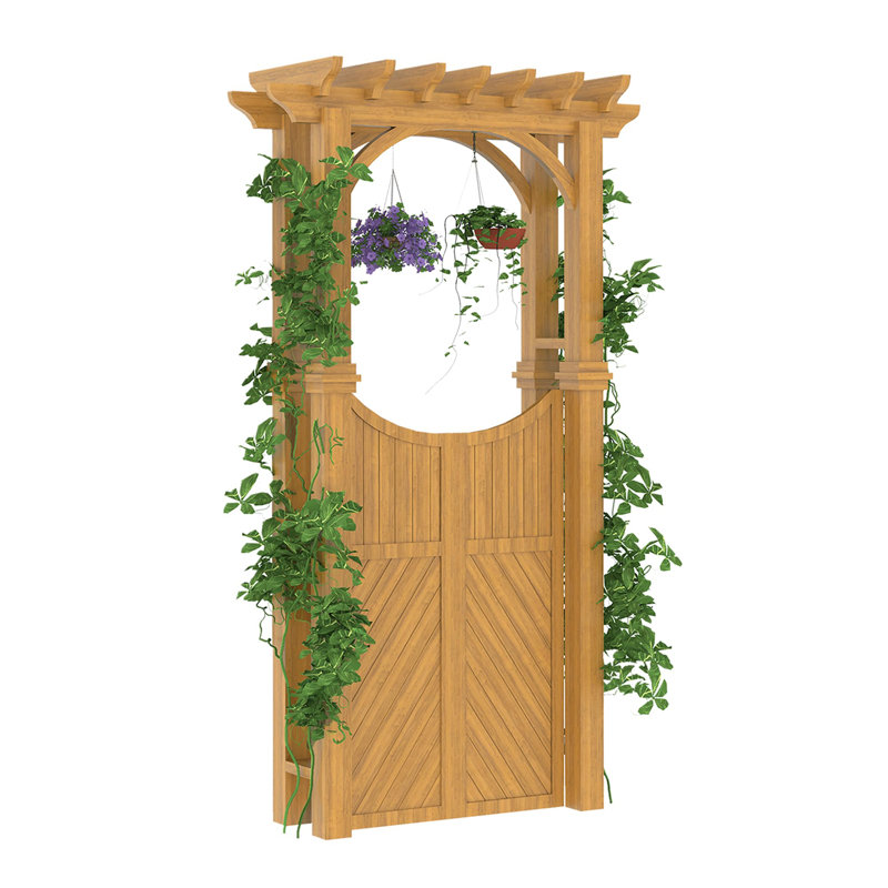 Wood Garden Arbor Trellis with Gate for Yard, Garden Decor, Beige