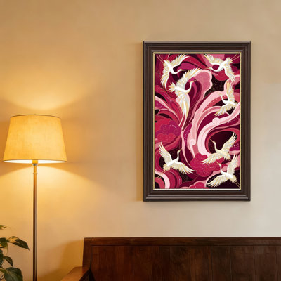 Art mural antique sur toile encadré doré pour le salon, la chambre à coucher, le bureau ou le vestibule - Décoration murale décorative avec vagues de grues