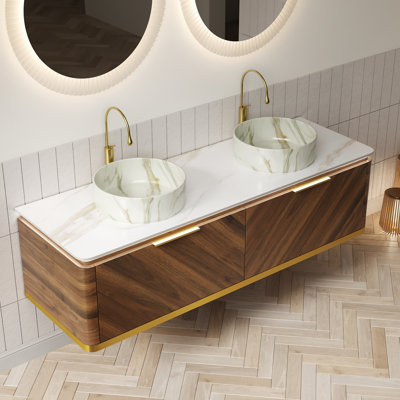 Meuble-lavabo de salle de bain 60 po Dipa, armoire de rangement en contreplaqué flottant, 2 tiroirs avec capteur de lumière, 2 vasques en céramique à motif de pierre et plateau en pierre frittée, pré-assemblé, couleur grain de bois noyer foncé