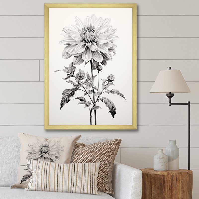 «Black and White Vibrant Dahlia Delight», reproduction sur toile, H 32 po x l 16 po x P 1 po, Cadre doré simple