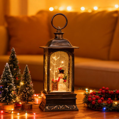 Cardinal & Snowman Christmas Snow Globe Lantern - Musical With Swirling Glitter | Battery Powered Indoor Home Decor