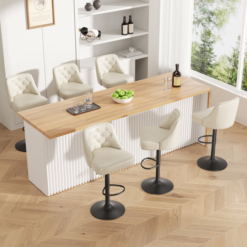 360-Degree Rotatable Faux Leather Bar Stool With Button Stitching, Beige, 6