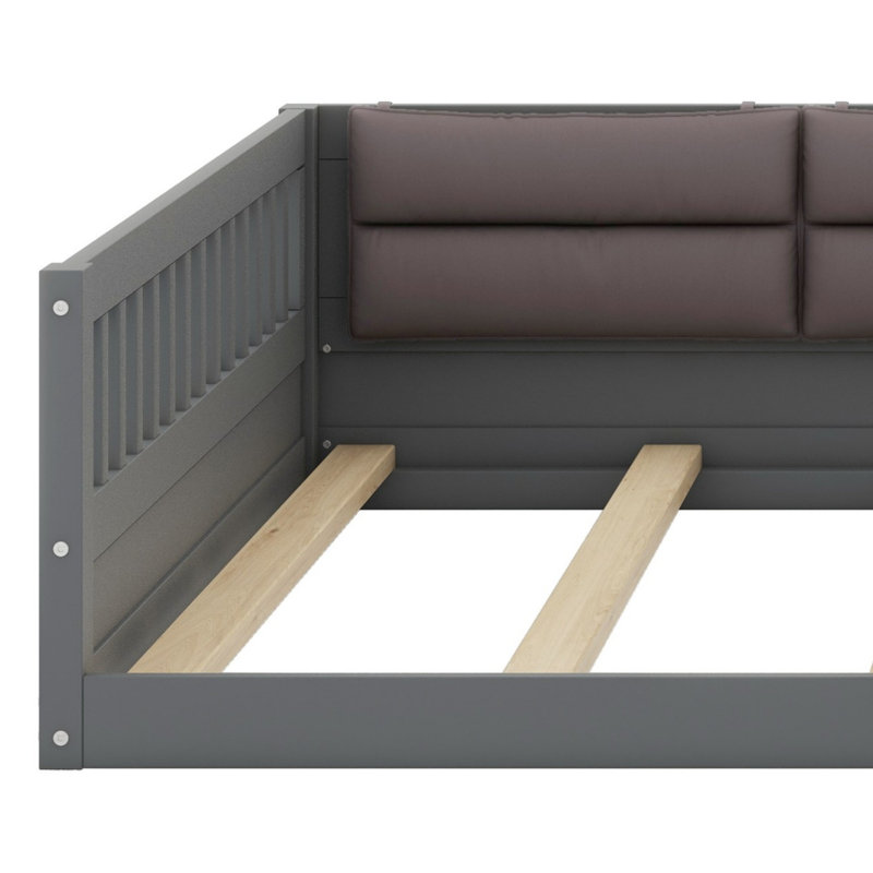 Lit plateforme tapissier en bois avec garde-corps et coussin, Gris