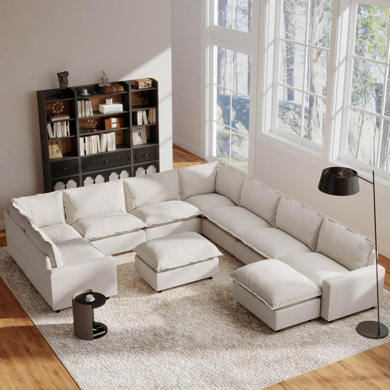 Canapé modulaire 10 pièces en tissu de lin avec repose-pieds, Lin beige