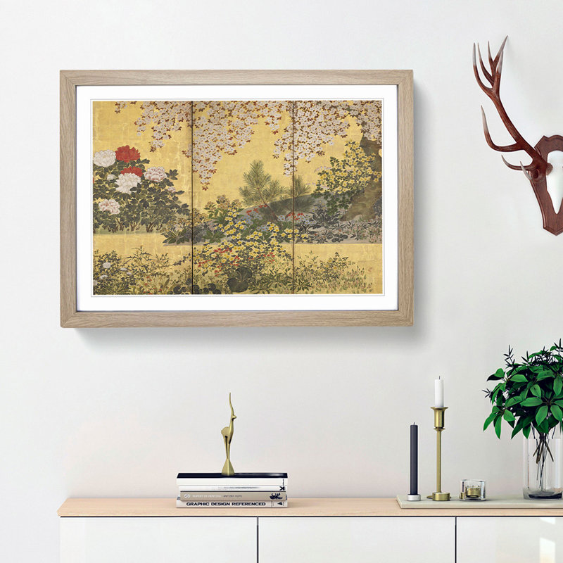 Flowers and the Butterflies by Tawaraya Sotatsu - Picture Frame Painting Print, Oak Framed, 36cm H x 48cm W x 2cm D