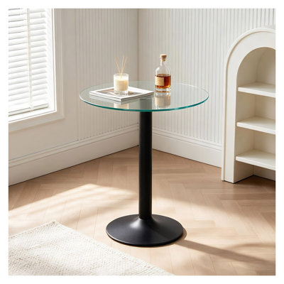 Table d'appoint ronde en verre trempé avec pied central en métal noir, 60 cm (23,6 po), table d'appoint moderne pour salon, chambre ou bureau