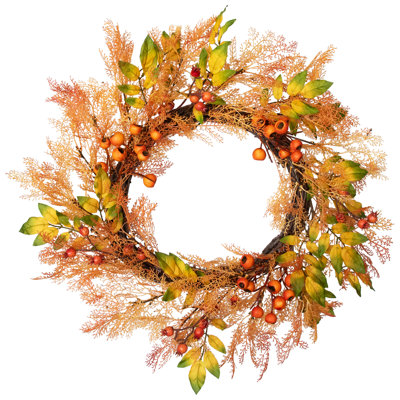 Couronne artificielle jaune et orange à baies et feuilles - récolte de 24 pouces non éclairée