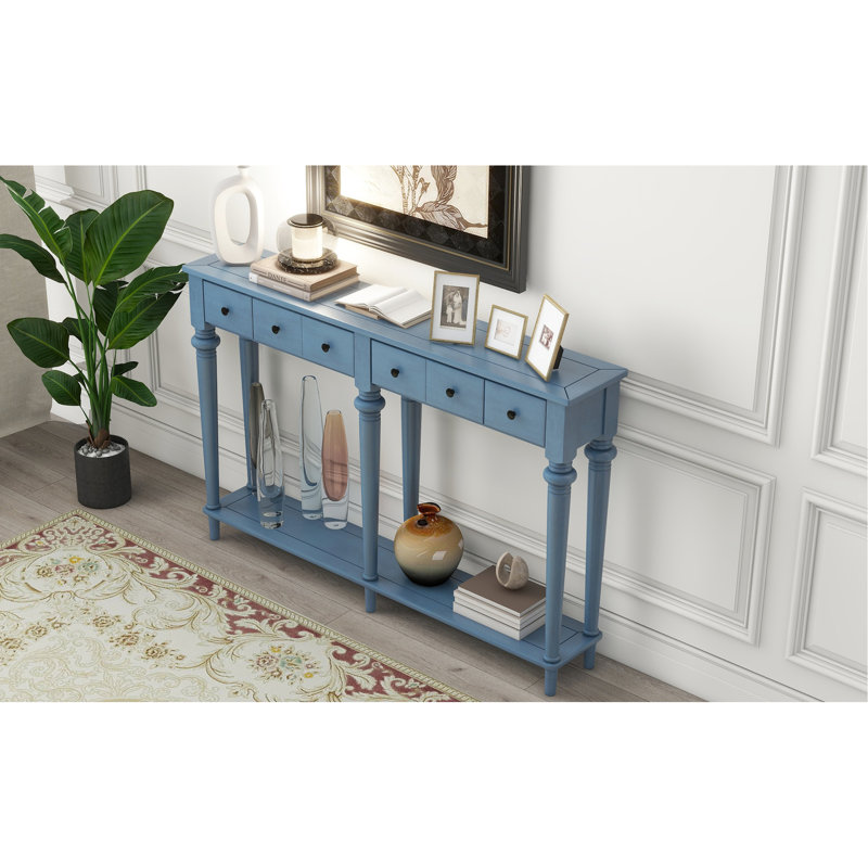 Console bleu marine avec 4 tiroirs et tablette ouverte By. Pin rétro de style rétro. Le plateau de table robuste peut supporter 220 lb, le tiroir 15 inférieur et 33 lb. Table fonctionnelle fonctionnelle. Instructions d'assemblage