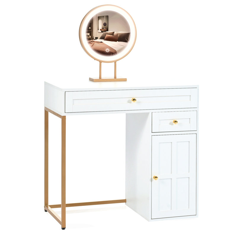 31.5'' Makeup Vanity Desk With Lighted Mirror, Luxury Dressing Table With 2 Drawers And 1 Cabinet, 3 Lighting Modes Available For Bedroom, White-Gold