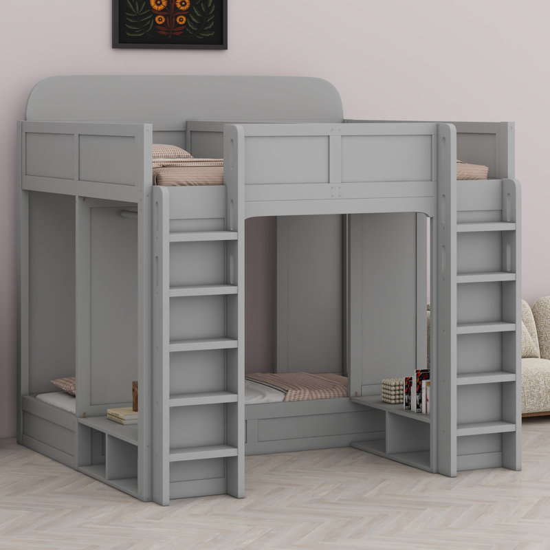 Triple Bunk Bed With Storage Shelves And Hooks, Grey