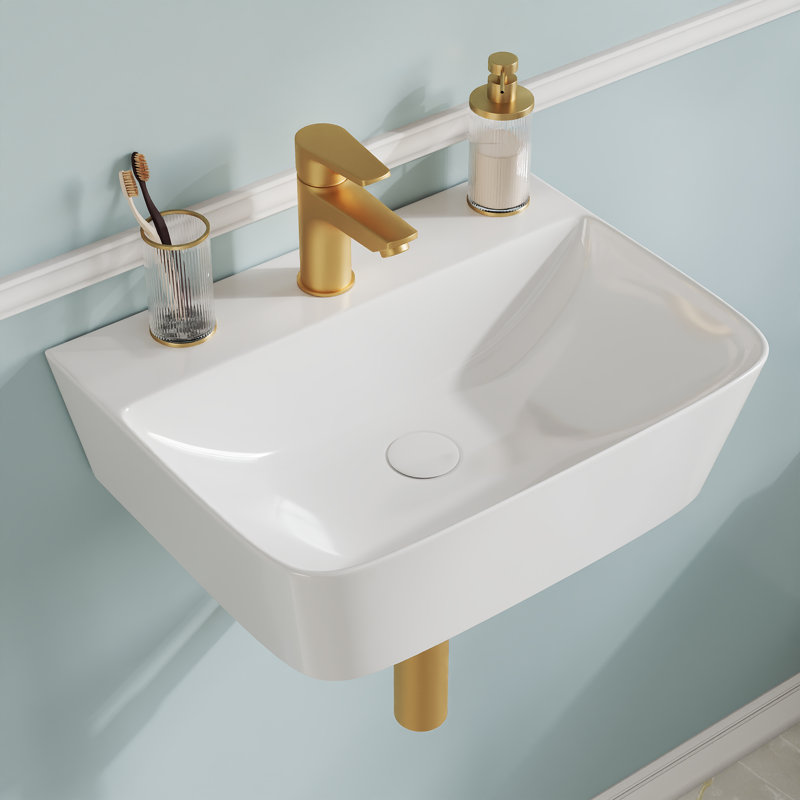 DeerValley Rectangular Wall-Mounted Bathroom Sink, White Ceramic Basin with Tap Hole, 41x32x12cm