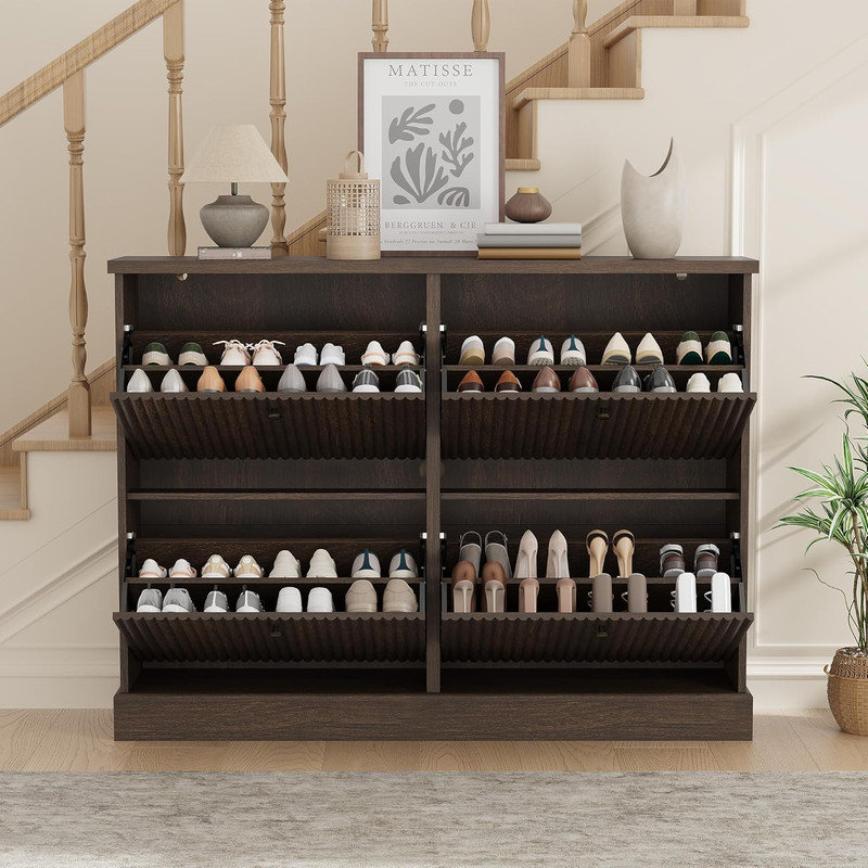 Fluted Shoe Cabinet with 4 Flip Drawers, Narrow Wooden Shoe Organizer with Adjustable Shelves for Entryway, Dark Brown Wood