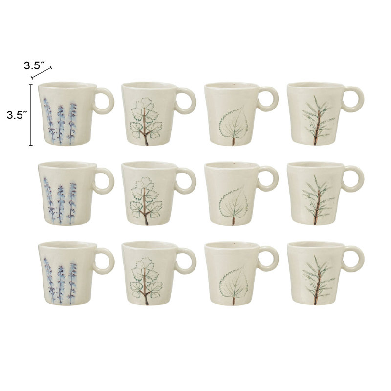 Tasses en grès peintes à la main avec motifs botaniques dans un glacis craquelé