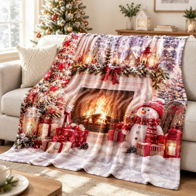 Cozy Christmas Fireplace Snowman Scene Fleece Throw Blanket, Warm Plush Bed Blanket for Sofa, Couch, Bedroom, Living Room Holiday Home Decor