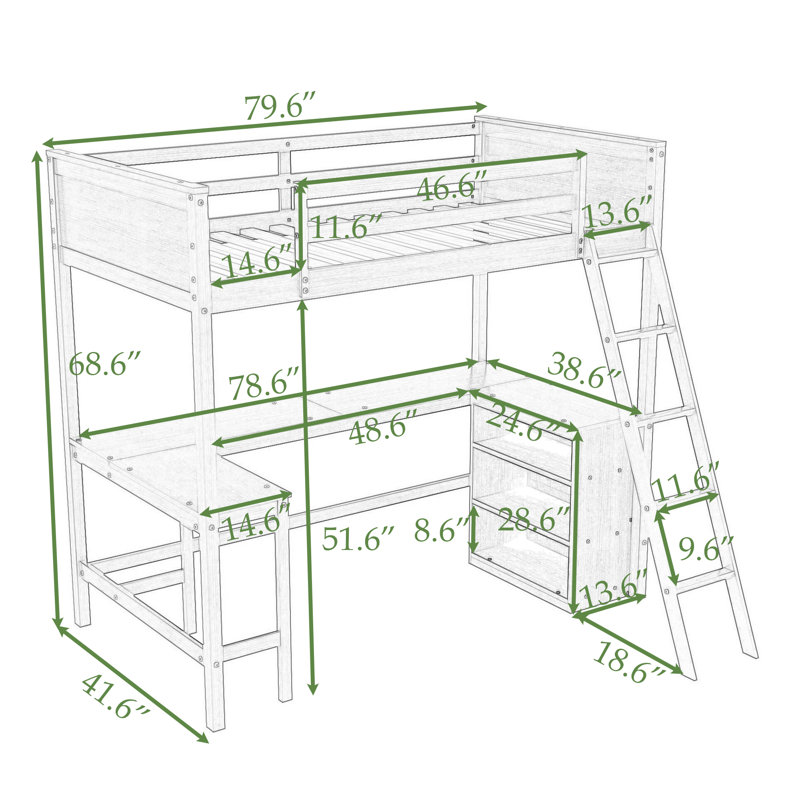 Wood Loft Bed with Desk and Shelves, Espresso, Full