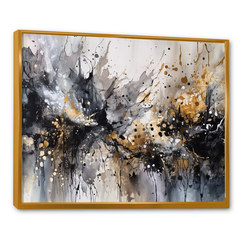 Toile abstraite grise et délicate, coups de pinceau abstraits III, H 16 po x l 32 po x P 1 po, Cadre flottant doré