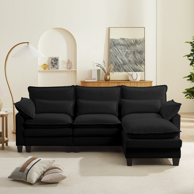 Sectional Modular Sofa L Shaped Fabric Couch With High Supportive & Soft Sponges And Removable Ottoman, Black Velvet