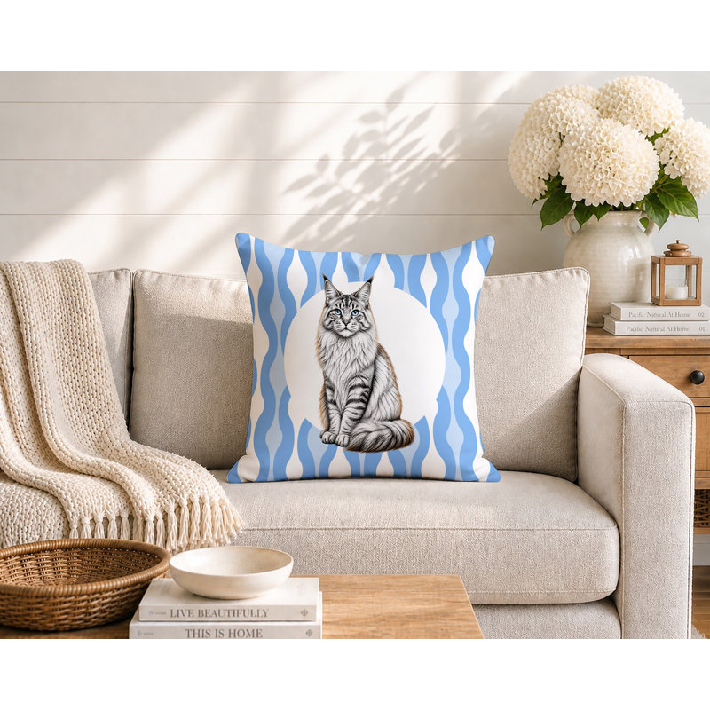 Maine Coon Cat Indoor/Outdoor Reversible Pillow, 16x16, Corn Flower