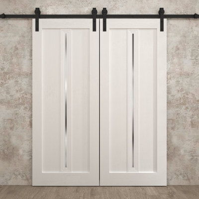 Modern Double Barn Door 84 x 84 inches Ego 5014 Painted White Oak 14FT Rail Track Set Solid Panel Interior Doors