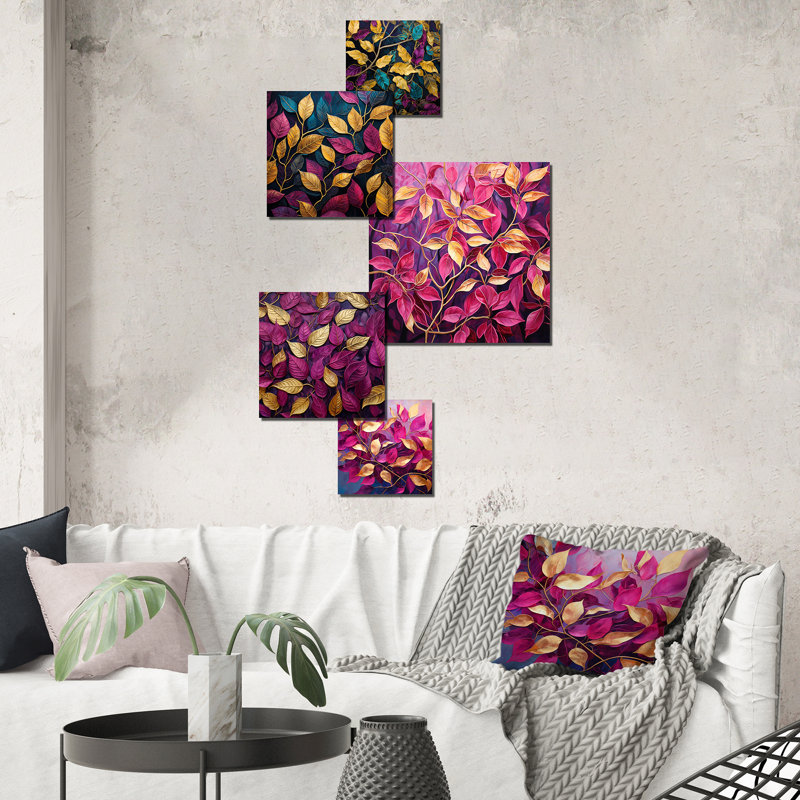 Feuilles colorées avec feuillage charmant - ensemble d'art mural 5 feuilles