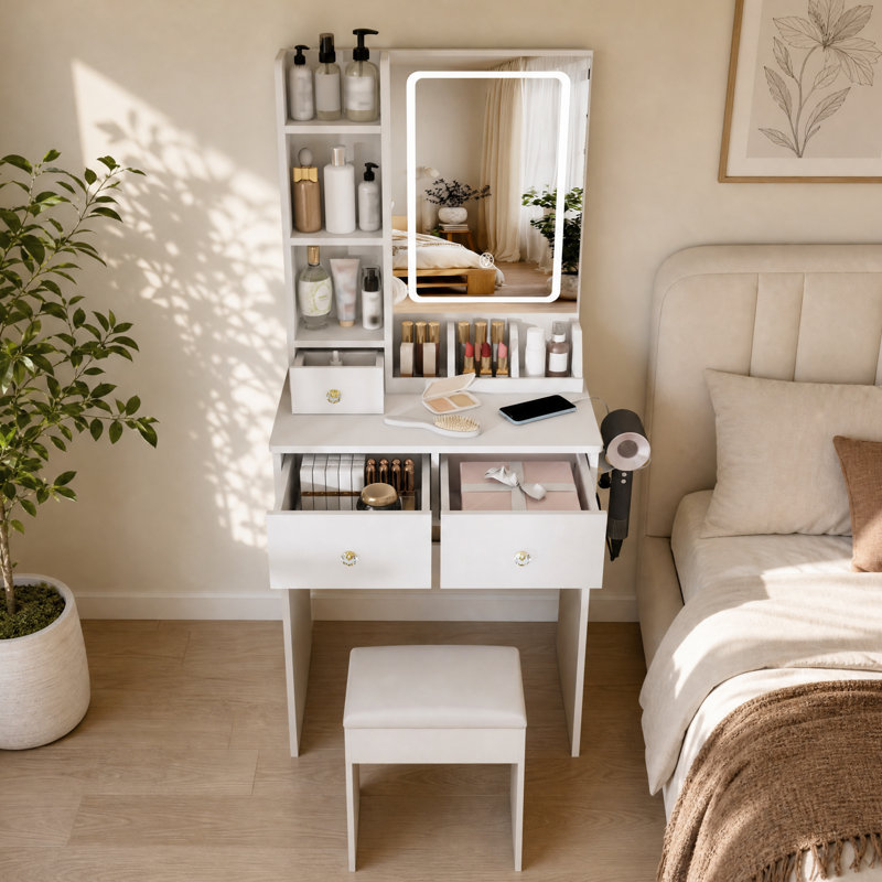 Coiffeuse éclairée de 60 cm avec prise électrique, support pour sèche-cheveux et rangement, White