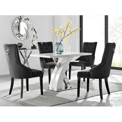 Marietta Chrome Metal & White High Gloss Dining Table Set - 4 Button Luxury Velvet Dining Chairs