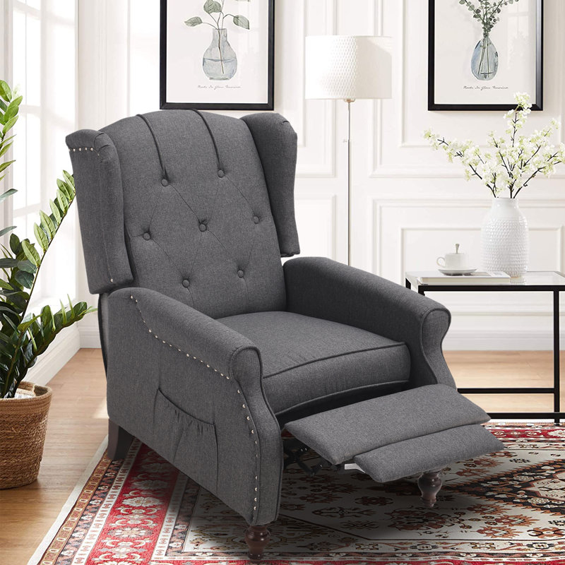Joziah Wingback Pushback Recliner w/ Storage Pocket for Living Room, Gray Polyester Blend